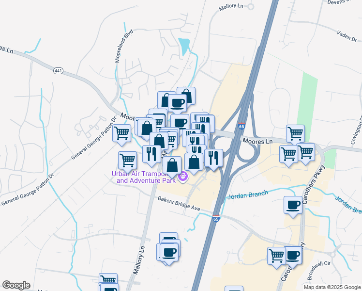 map of restaurants, bars, coffee shops, grocery stores, and more near 1701 Galleria Boulevard in Franklin
