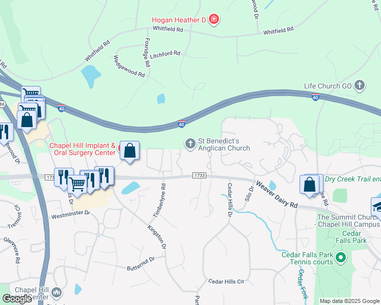 map of restaurants, bars, coffee shops, grocery stores, and more near 870 Weaver Dairy Road in Chapel Hill