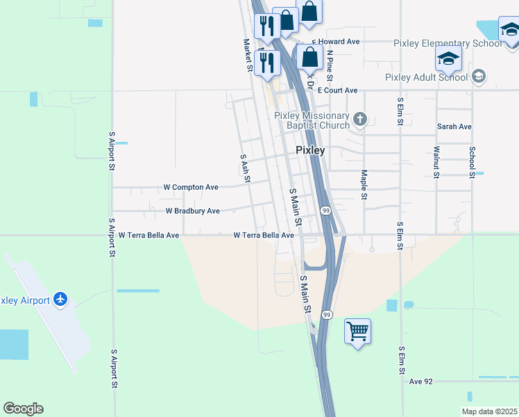 map of restaurants, bars, coffee shops, grocery stores, and more near 313 West Bradbury Avenue in Pixley