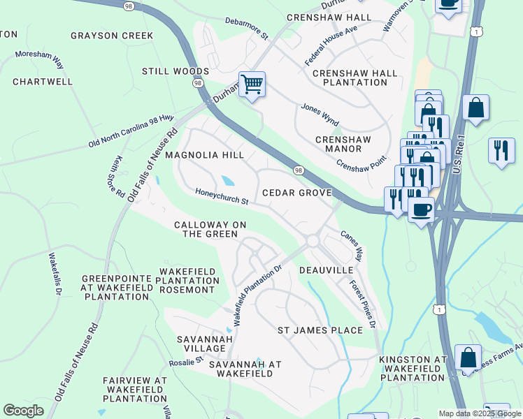 map of restaurants, bars, coffee shops, grocery stores, and more near 12371 Honeychurch Street in Raleigh