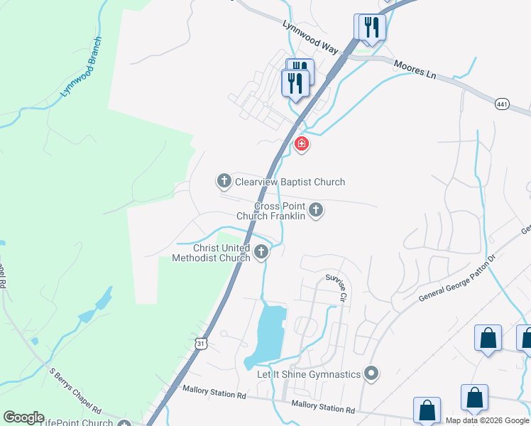 map of restaurants, bars, coffee shops, grocery stores, and more near 522 Franklin Road in Franklin
