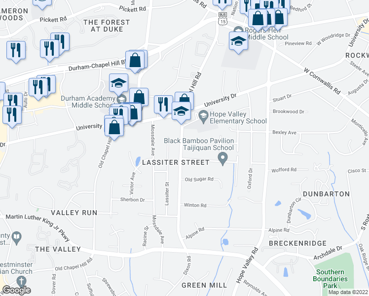 map of restaurants, bars, coffee shops, grocery stores, and more near 3035 Dixon Road in Durham
