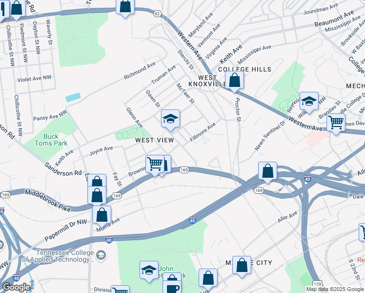 map of restaurants, bars, coffee shops, grocery stores, and more near 1714 Mingle Avenue Northwest in Knoxville
