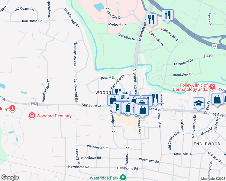 map of restaurants, bars, coffee shops, grocery stores, and more near 205 Alexander Drive in Rocky Mount