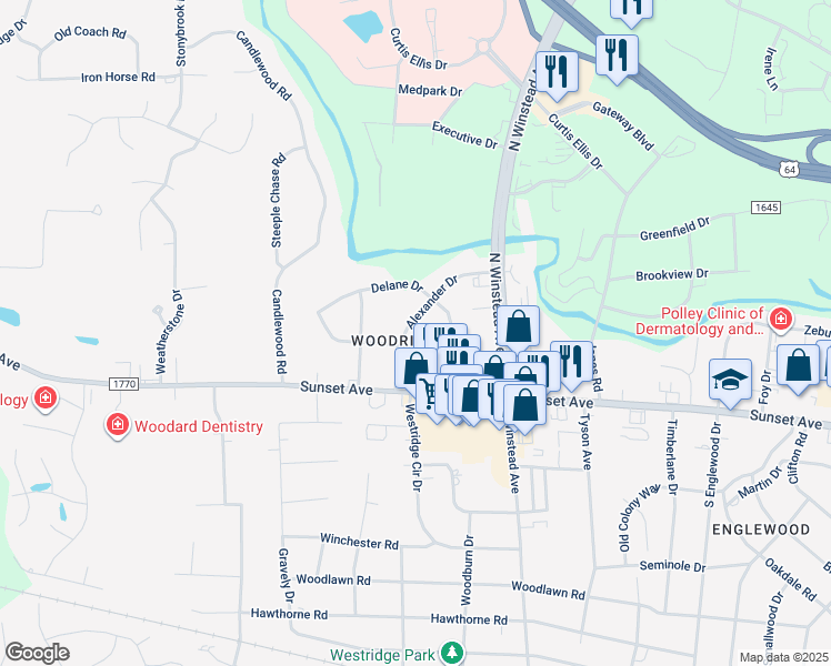 map of restaurants, bars, coffee shops, grocery stores, and more near 205 Alexander Drive in Rocky Mount
