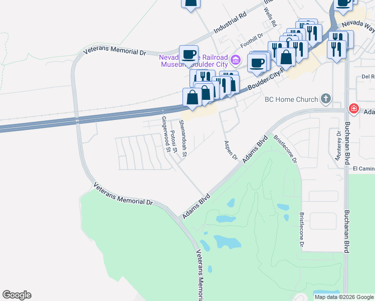 map of restaurants, bars, coffee shops, grocery stores, and more near 1305 Shenandoah Street in Boulder City