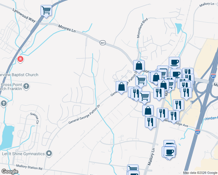 map of restaurants, bars, coffee shops, grocery stores, and more near 940 Brentwood Point in Brentwood