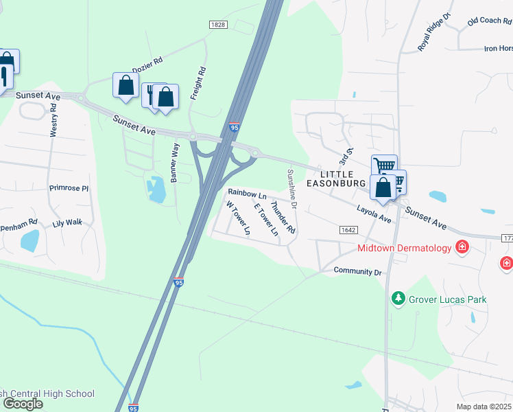map of restaurants, bars, coffee shops, grocery stores, and more near 201 East Tower Lane in Rocky Mount