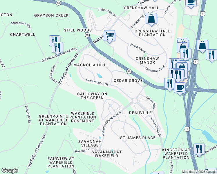 map of restaurants, bars, coffee shops, grocery stores, and more near 12375 Honeychurch Street in Raleigh