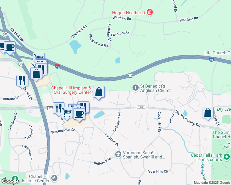 map of restaurants, bars, coffee shops, grocery stores, and more near 217 Schultz Street in Chapel Hill