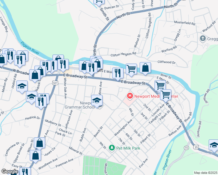 map of restaurants, bars, coffee shops, grocery stores, and more near 324 4th Street in Newport