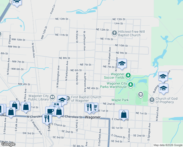 map of restaurants, bars, coffee shops, grocery stores, and more near 611 North Gertrude Avenue in Wagoner