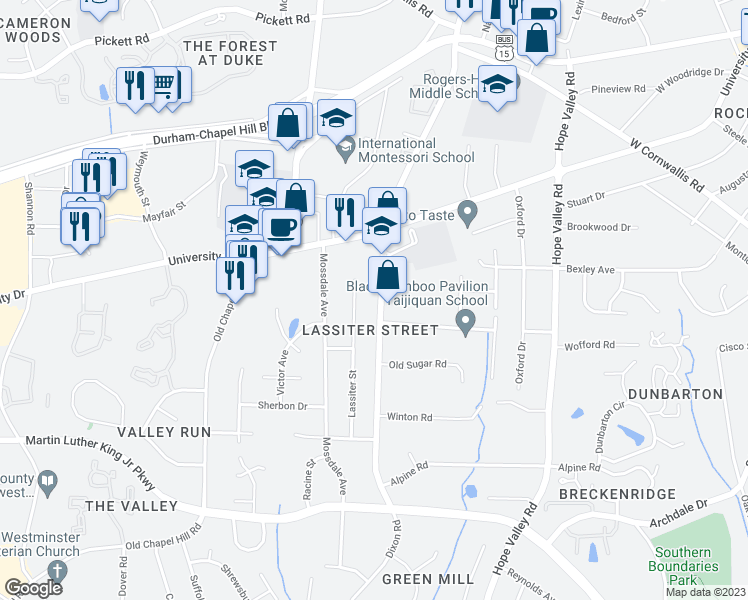 map of restaurants, bars, coffee shops, grocery stores, and more near 3028 Dixon Road in Durham