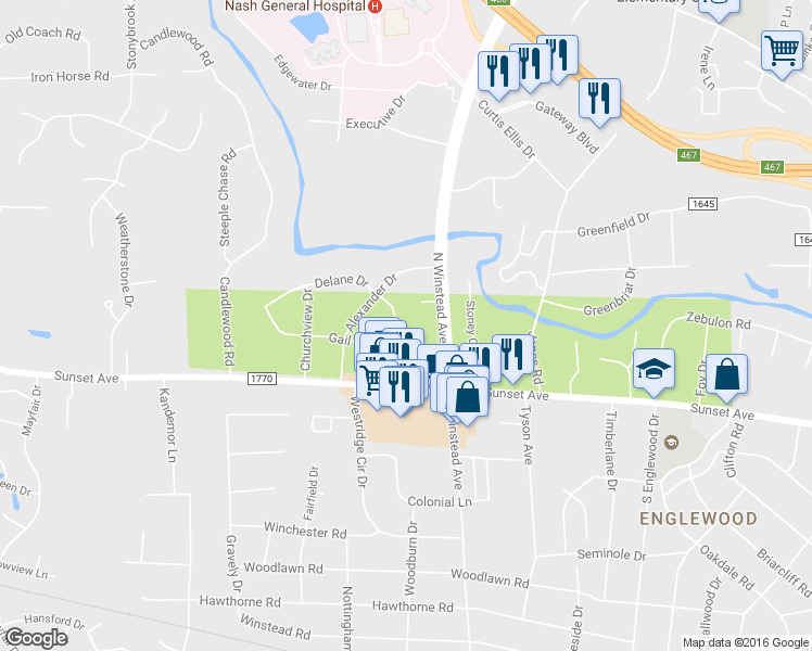 map of restaurants, bars, coffee shops, grocery stores, and more near 209 Delane Drive in Rocky Mount