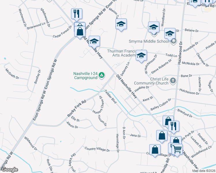 map of restaurants, bars, coffee shops, grocery stores, and more near 101 Tedder Boulevard in Smyrna
