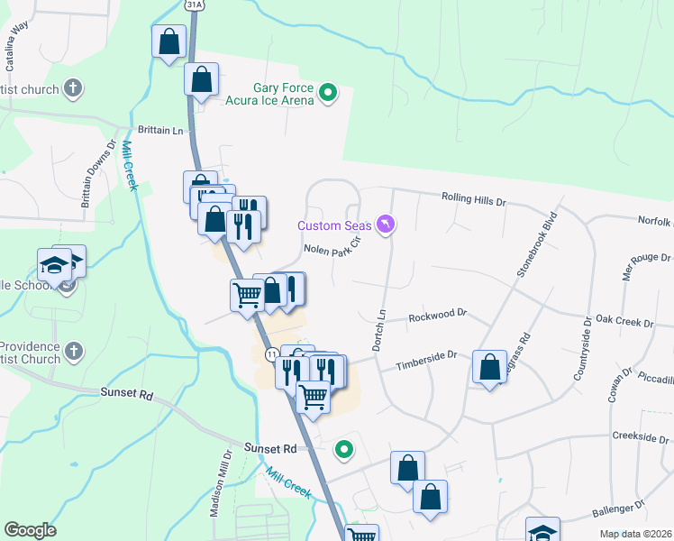 map of restaurants, bars, coffee shops, grocery stores, and more near 7505 Sheldon Park Drive in Nolensville