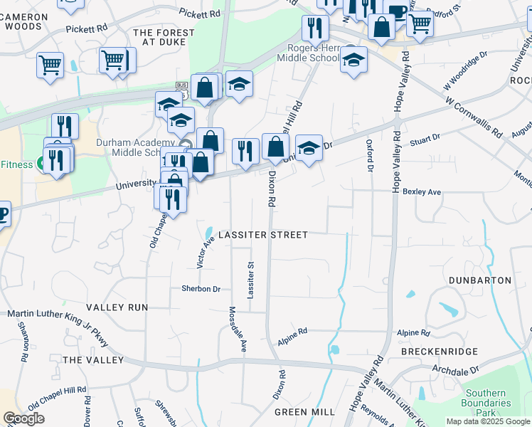 map of restaurants, bars, coffee shops, grocery stores, and more near 3028 Dixon Road in Durham