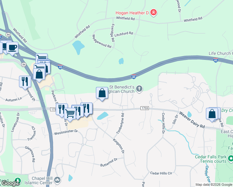 map of restaurants, bars, coffee shops, grocery stores, and more near 227 Schultz Street in Chapel Hill