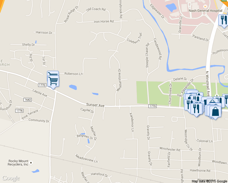 map of restaurants, bars, coffee shops, grocery stores, and more near 12 Winders Creek in Rocky Mount