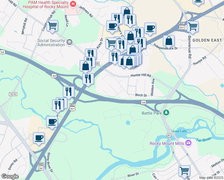 map of restaurants, bars, coffee shops, grocery stores, and more near 1513 Raymond Street in Rocky Mount