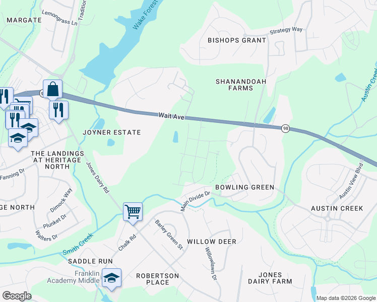 map of restaurants, bars, coffee shops, grocery stores, and more near 1464 Wait Avenue in Wake Forest