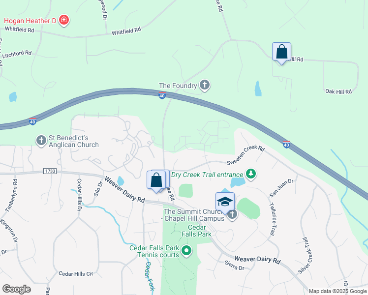 map of restaurants, bars, coffee shops, grocery stores, and more near 7608 Justin Place in Chapel Hill