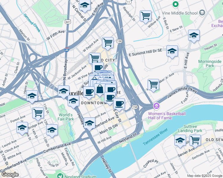 map of restaurants, bars, coffee shops, grocery stores, and more near 205 Union Avenue in Knoxville