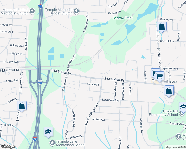 map of restaurants, bars, coffee shops, grocery stores, and more near 2315 East Martin Luther King Junior Drive in High Point