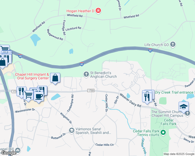 map of restaurants, bars, coffee shops, grocery stores, and more near 134 Essex Drive in Chapel Hill