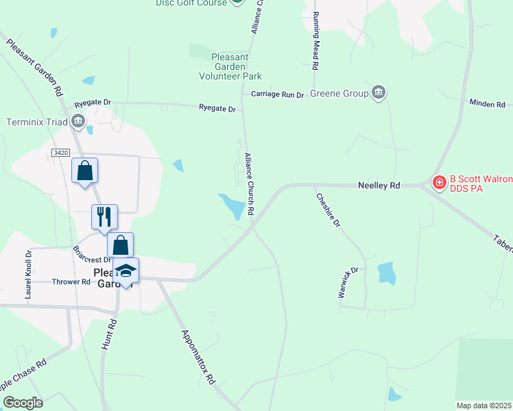 map of restaurants, bars, coffee shops, grocery stores, and more near 5041 Alliance Church Road in Pleasant Garden