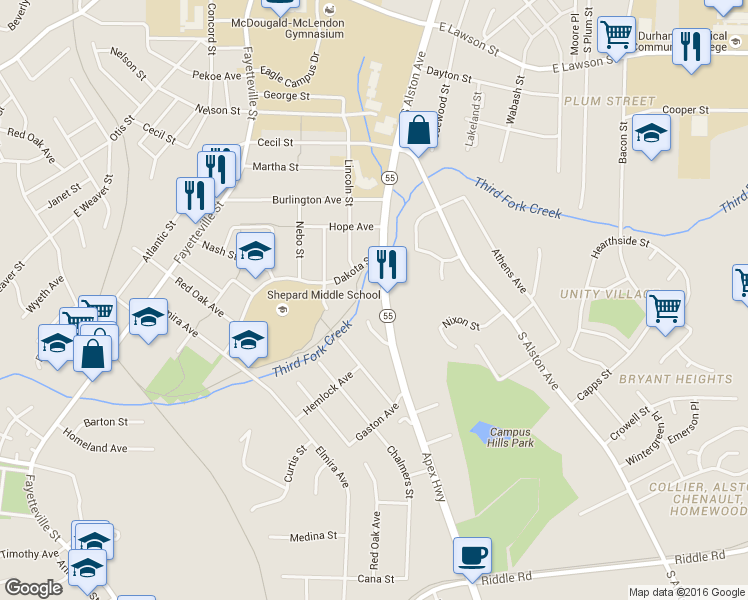 map of restaurants, bars, coffee shops, grocery stores, and more near 1914 North Carolina 55 in Durham