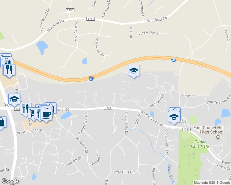map of restaurants, bars, coffee shops, grocery stores, and more near 134 Essex Drive in Chapel Hill