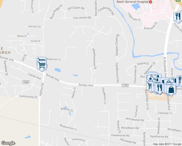 map of restaurants, bars, coffee shops, grocery stores, and more near 10 Winders Creek in Rocky Mount