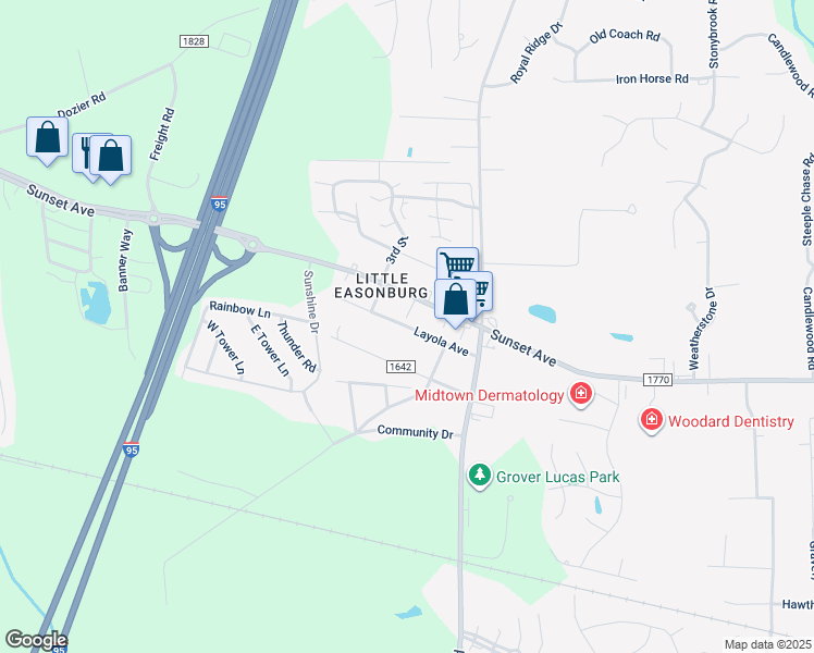 map of restaurants, bars, coffee shops, grocery stores, and more near Layola Avenue in Rocky Mount