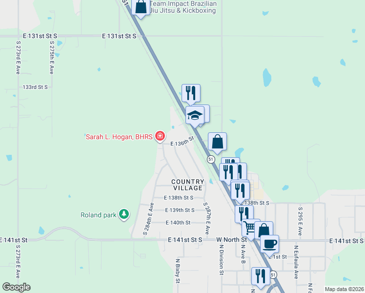 map of restaurants, bars, coffee shops, grocery stores, and more near 13612 South 287th East Avenue in Coweta