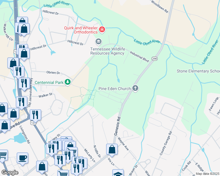map of restaurants, bars, coffee shops, grocery stores, and more near 167 Heather Ridge Circle in Crossville