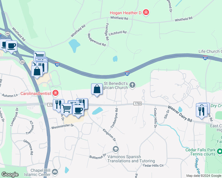 map of restaurants, bars, coffee shops, grocery stores, and more near 221 Schultz Street in Chapel Hill