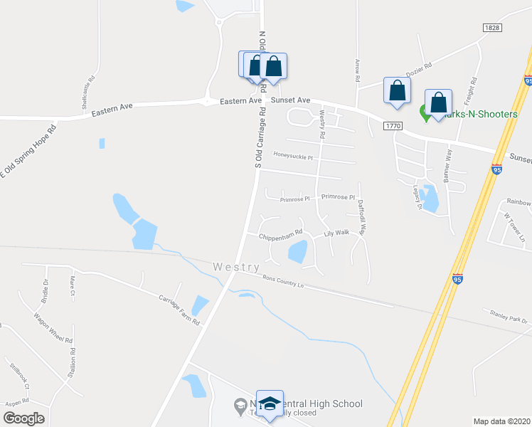 map of restaurants, bars, coffee shops, grocery stores, and more near 524 Chandler Lane in Rocky Mount