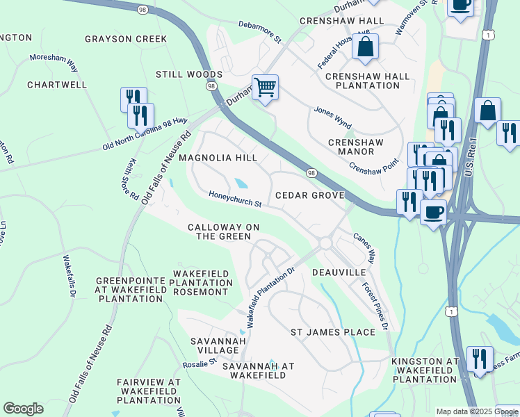 map of restaurants, bars, coffee shops, grocery stores, and more near 12409 Honeychurch Street in Raleigh