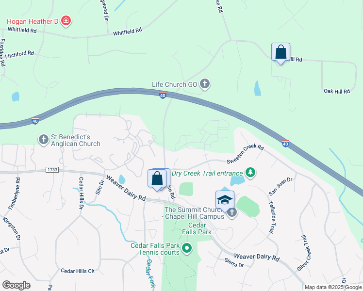 map of restaurants, bars, coffee shops, grocery stores, and more near 7608 Justin Place in Chapel Hill
