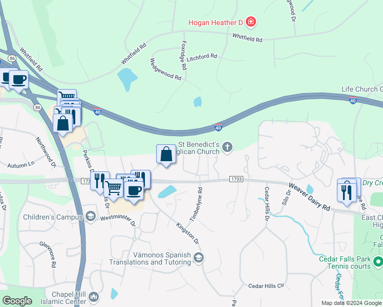 map of restaurants, bars, coffee shops, grocery stores, and more near 217 Schultz Street in Chapel Hill