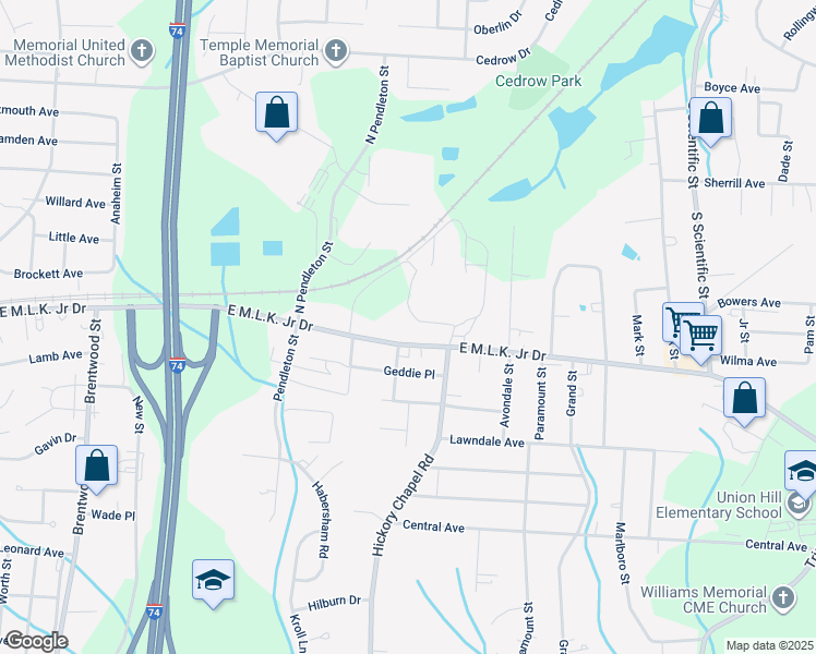 map of restaurants, bars, coffee shops, grocery stores, and more near 2315 East Martin Luther King Junior Drive in High Point