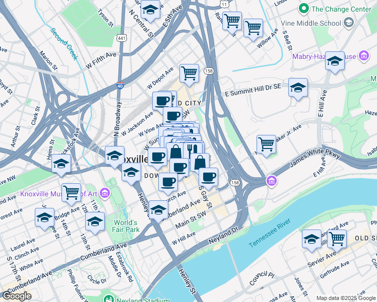 map of restaurants, bars, coffee shops, grocery stores, and more near 205 Union Avenue in Knoxville