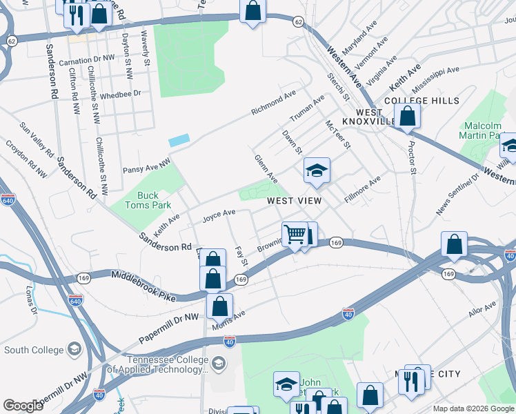 map of restaurants, bars, coffee shops, grocery stores, and more near 2931 Denson Avenue in Knoxville