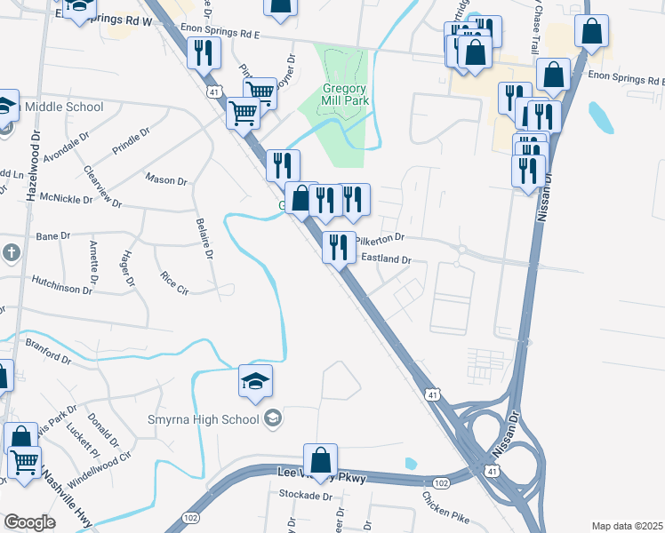 map of restaurants, bars, coffee shops, grocery stores, and more near 598 South Lowry Street in Smyrna
