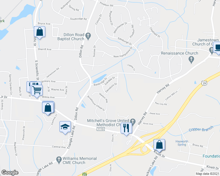 map of restaurants, bars, coffee shops, grocery stores, and more near 3622 Densbury Drive in High Point
