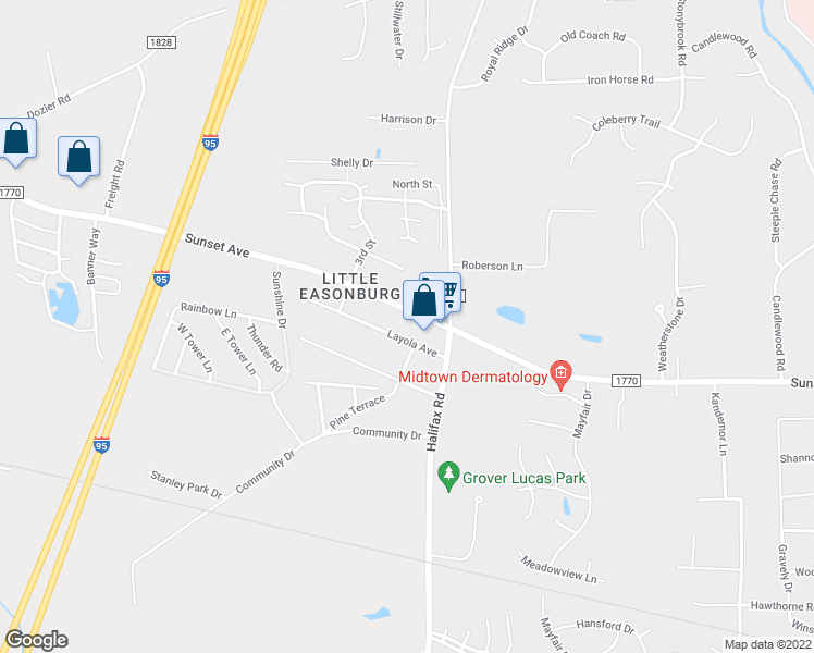 map of restaurants, bars, coffee shops, grocery stores, and more near 4121 Sunset Avenue in Rocky Mount