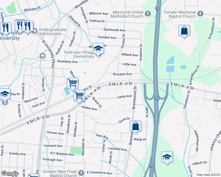 map of restaurants, bars, coffee shops, grocery stores, and more near 1714 East Martin Luther King Junior Drive in High Point