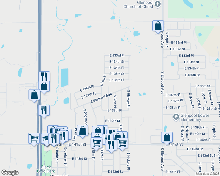 map of restaurants, bars, coffee shops, grocery stores, and more near 13621 Glen Street in Glenpool