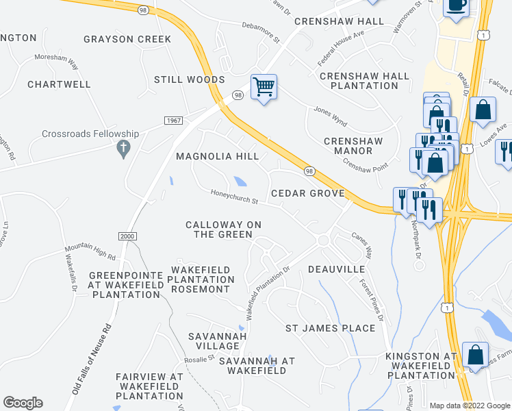 map of restaurants, bars, coffee shops, grocery stores, and more near 12413 Honeychurch Street in Raleigh